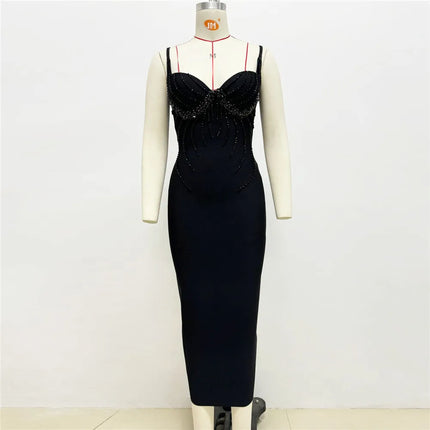 Women Sexy Beading Spaghetti Strap Bandage Dress Bodycon Clothes Club Party Celebrity Elegant Dresses