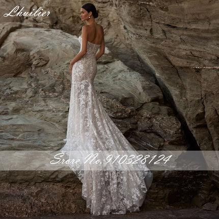 Lhuillier Customized Strapless Lace Mermaid Wedding Dresses Sleeveless Beaded Bridal Dress with Chapel Train