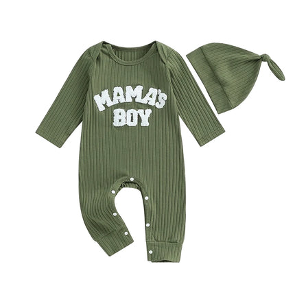 Pudcoco Infant Newborn Baby Boy Bodysuits Letter Embroidered Ribbed Long Sleeve Round Neck Fall Jumpsuits Hat Outfits 0-18M