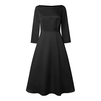 ZANZEA Elegant Satin Black Party Midi Dresses Women's Boatneck 3/4 Sleeve Fit and Flare A-Line Dress Wedding Guest Woman Clothes