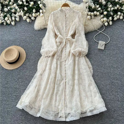 2026 Spring Autumn French High-end Women's Dress New Lace Embroidery Stand Lantern Sleeves Single Breasted Party Birthday Dress