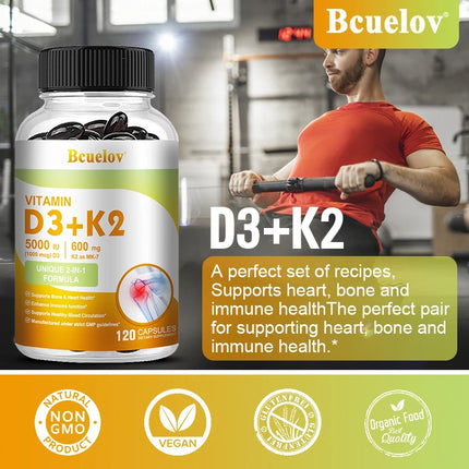 Vitamin D3 5000IU & Vitamin K2 600mg Capsules, Boost Calcium Absorption, Bone, Joint, Dental, Heart & Immune System Support