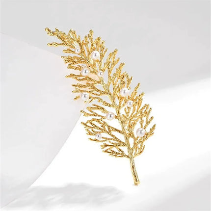 Ajojewel Christmas Cypress Branch Brooch Golden Leaf Jewelry With White Pearls Guest Birthday Gifts