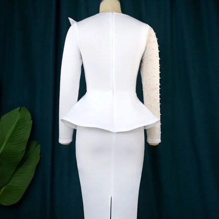 AOMEI Women White Party Dress Sexy Long Sleeve O Neck Beading Mesh Patchwork Peplum Elegant Event Evening Birthday African Gowns