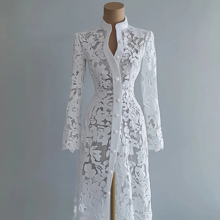 Women's Floral Lace Hollow Out Elegant Dress Solid Single-breasted Stand Collar Sweet Long Sleeve Cardigan Outwear Midi Dresses