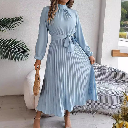 2025 Elegant Long Sleeve Fashion Dresses New Spring Women Belts Pleated Casual Solid Long Dress Casual A-Line Party Maxi Dresses