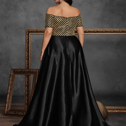 Plus Size Elegant Short Sleeve Sequins Splicing Formal Evening Dresses Women Luxury Party Bridesmaid Cocktail Gowns