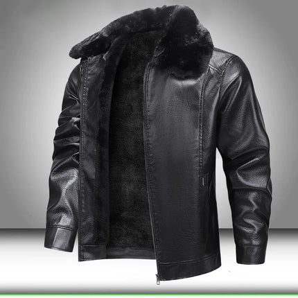 Fur Collar Men Faux Leather Jacket Winter Fleece Lined Biker Jackets Fashion Motorcycle Leather Coat Outwear Casual Streetwear