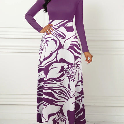 Women Dresses Long Sleeve Round Neck Printed Hem Long Dress Purple Elegant Style