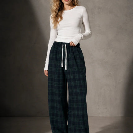 Women Plaid Wide Leg Pants, Elastic Waist Drawstring Loose Baggy Trousers Casual Comfy Lounge Pants for Daily Streetwear