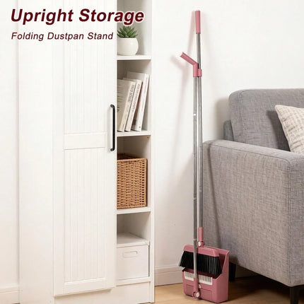 Pink 3 in 1 Broom Dustpan Set Foldable with Comb Adjustable Handle for Pet Hair Floor Cleaning