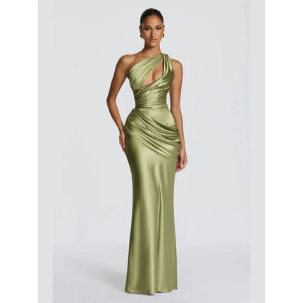 Solid Satin Cowl Neck Women's Dress Elegant Sleeveless Ruched Waist Fishtail Bodycon Lady Vestido 2026 Summer Party Dresses