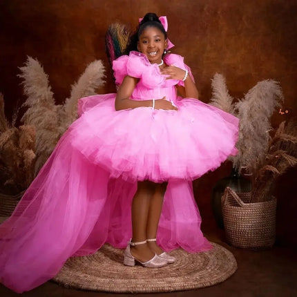 Pink Flower Girl Dress For Wedding Tulle High-Low Length Girl Kids Birthday Party Ruffles First Holy Communion Gowns Customized
