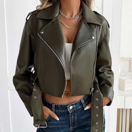 Ailegogo Spring Autumn Women Faux Pu Leather Short Jacket with Belt Motorcycle Biker Female Zipper Lapel Loose Coat Outwear