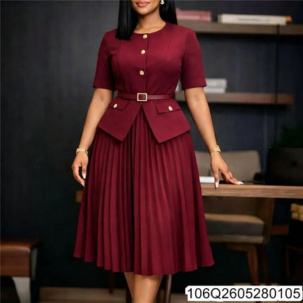 2026 New Women's African Summer New Round Neck Patchwork Pleated Fake Two-piece Solid Color Plus-size Dress 106Q26052801