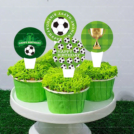 24Pcs Soccer Themed Happy Birthday Cupcake Toppers - Football Trophy Design Cake Decorations for Sports Birthday Party Supplies
