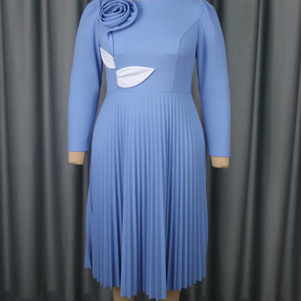 Skyblue Patchwork 3D Flower O Neck Long Sleeve Pleated Elegant Midi Dress Women Party Dresses Casual Fashion Outfit
