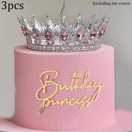 3pcs Birthday Princess Queen Acrylic Cake Topper Gold Silver Mirror Cake Insert Happy Birthday Cake Decoration for Women