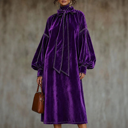Women Solid Velvet Maxi Dress Bow Tie High Neck Lantern Long Sleeve Loose Dress Elegant Fall Winter Office Evening Party Dresses