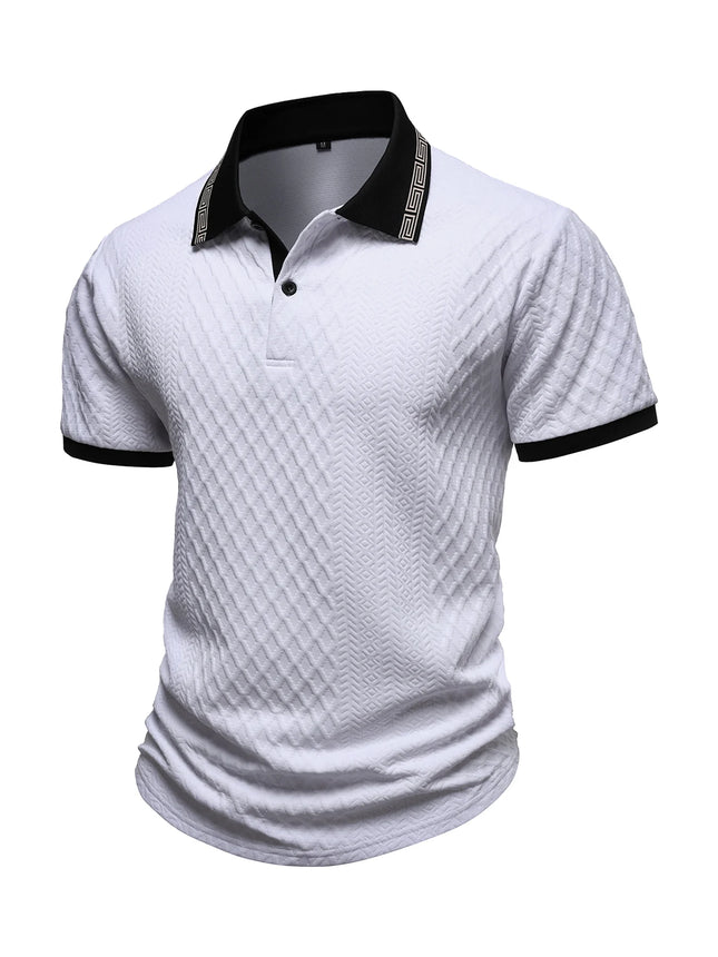 Men's casual sports jacquard short sleeved button polo shirt with a lapel knit top