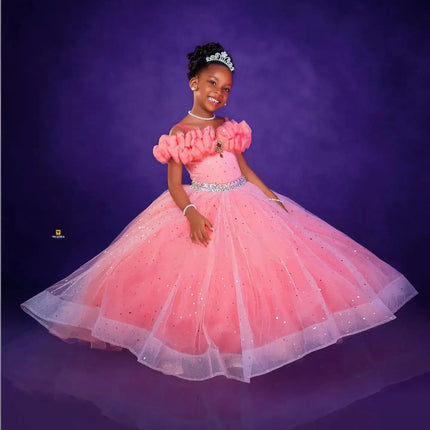 Custom Off Shoulder Ruffle Flower Girl Dress Sparkly Tulle Wedding Pageant Gown For Kids Girls Birthday Party Formal Special