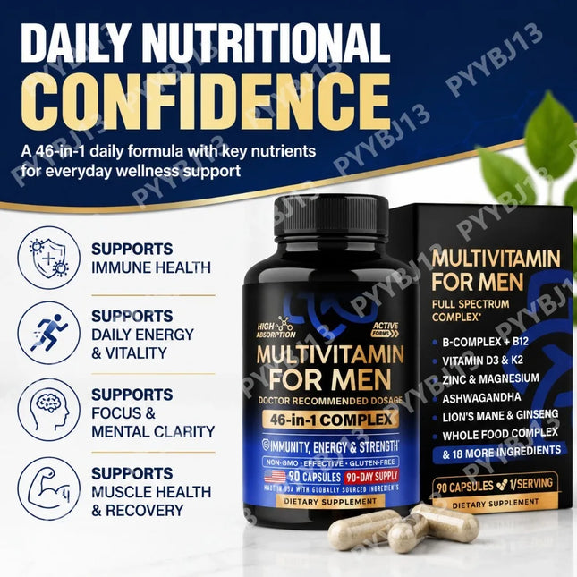 Multivitamin for Men 90 Capsules B Complex B12 Vitamin D3 K2 Zinc Magnesium Plant Extract Blend Non GMO Daily Nutrition Support
