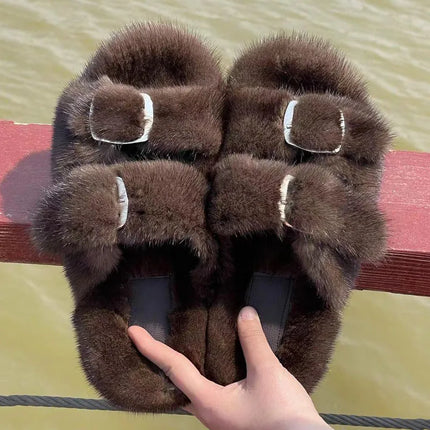 Luxury Designer Slipper Women 2025 Winter European Fashion Women's Shoes Ladies Slippers 100% Mink Slippers Shoes for Woman