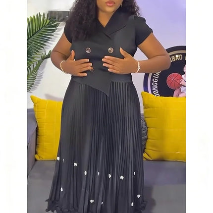 EGRM New Miyaki Pleated Long Dress Short Sleeved Summer Hot Sale Women's Double Breasted Waist Cinching Slimming Versatile Skirt