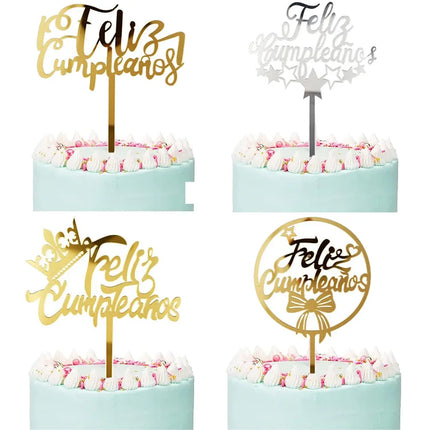 Acylic Feliz Cumpleanos Espanol Spanish Happy Birthday Cake Topper Gold Crown Design Cupcake Baking Supplies Party Decoration