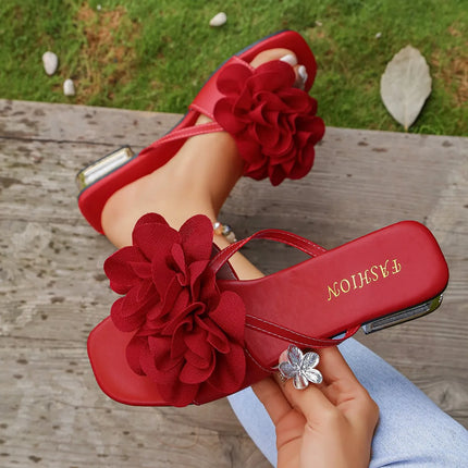Red Flower Decorated Flip-flops, Niche, Lightweight, Slip-on, Wear-resistant, Super Soft, Korean Style