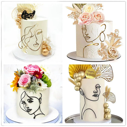 New Gold Portrait Happy Birthday Cake Topper Black Acrylic Abstract Art Boys Girls Party Cake Topper Baby Shower Girl Decoration