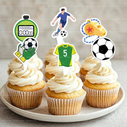 24Pcs Soccer Themed Happy Birthday Cupcake Toppers - Football Trophy Design Cake Decorations for Sports Birthday Party Supplies