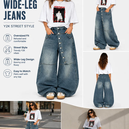 Women's Asymmetric Button Front Baggy Jeans, High Waist Vintage Washed Wide Leg Denim Pants Y2K Streetwear Loose Barrel Jeans for Daily Wear