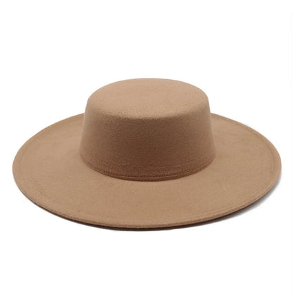 French Retro Women Flatcap Wide Brim Hepburn Style Flat-top Cap Solid Color Felt Hat Church