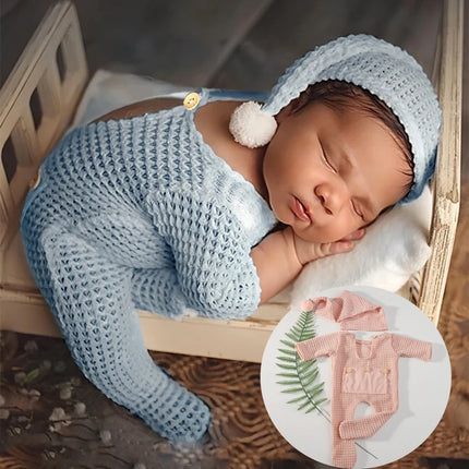 Ylsteed Newborn Photography Props Baby Bodysuits Outfit Shoot Newborn Photo Outfits Buttons Pocket Romper with Pom Sleepy Hat-HD