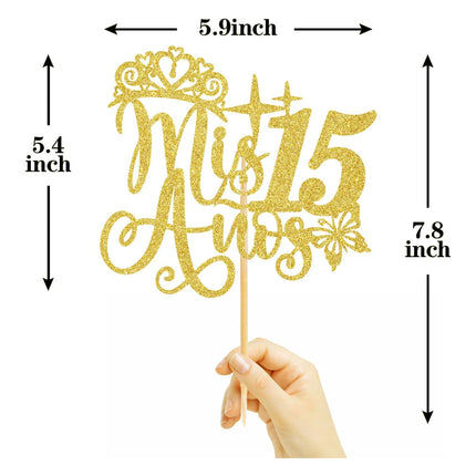 Mis 15 Años Cake Topper Gold Crown Butterfly Mis Años 15 Happy Birthday Cupcake Topper Kids Party Baking Decoration Supplies Diy