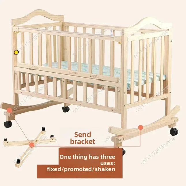 120cm Pine Wood Newborn Baby Bed, No Paint Nature Infant Bassinet Rocking Cradle With Free Mosquito Net