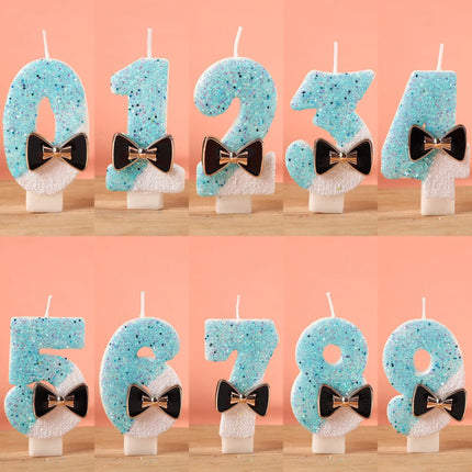 Black Bow Tie Digital Number Birthday Candles Little Boy Theme Dual-Color Design Party Cake Topper Decoration
