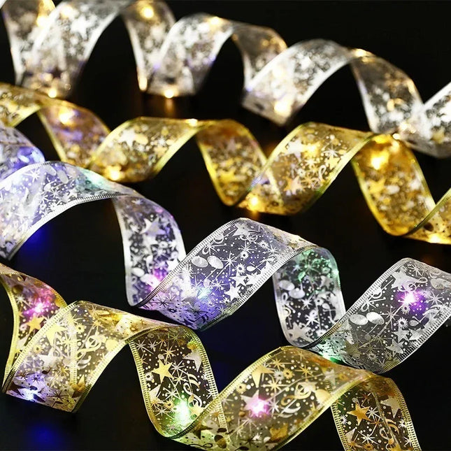 1/2/5/10M Christmas Tree Ribbon Fairy Lights, Indoor DIY Bows String Light Battery Powered for Christmas Tree New Year Decor