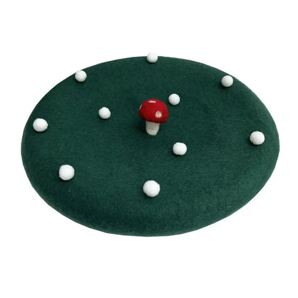 RH Ladies Cute Mushrooms Red Handmade Wool Felt Beret Creative Painter Hat Girls Birthday Gift Warm Cap For Autumn Winter