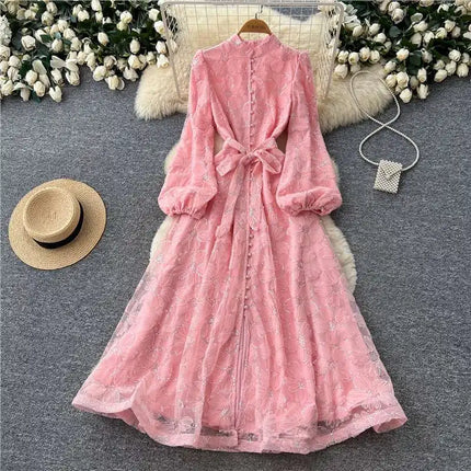 2026 Spring Autumn French High-end Women's Dress New Lace Embroidery Stand Lantern Sleeves Single Breasted Party Birthday Dress