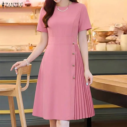 Stylish Pleated Dresses ZANZEA Women Summer Solid OL Work Dress Elegant A-line Knee Length Robe O Neck Short Sleeve Sundress