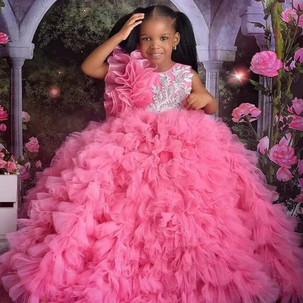 Customized Rose Pink Flower Girl Dresses Tulle Puffy White Embroidery Sleeveless For Wedding Birthday Prom Holy Communion Gowns