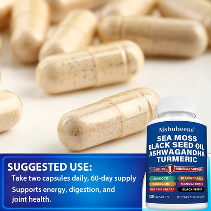 Sea Moss, Black Seed, Ashwagandha, Turmeric, Bladderwrack, Burdock - with ACV, Black Pepper, Gluten Free