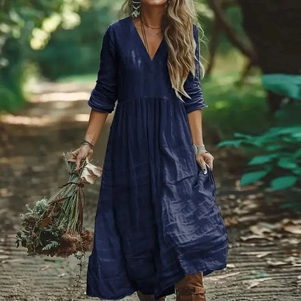 Women Dresses 2026 new cotton linen extremely popular solid color v neck fold long dresses women's clothing vestidoes