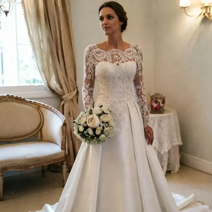 Elegant Backless Wedding Dress 2020 Vintage robe de mariée Lace Satin Long Sleeve Bride Dresses  2022 Custom Made Robe De Mariee