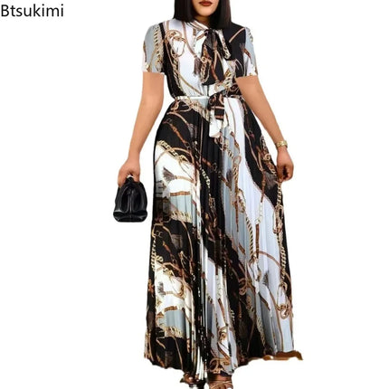 Fashionable and Elegant Print Pleated Long Dresses for Women Oversized Short-sleeved Ladies Temperament Maxi Dress Evening Gowns