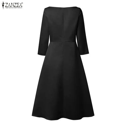 ZANZEA Elegant Satin Black Party Midi Dresses Women's Boatneck 3/4 Sleeve Fit and Flare A-Line Dress Wedding Guest Woman Clothes