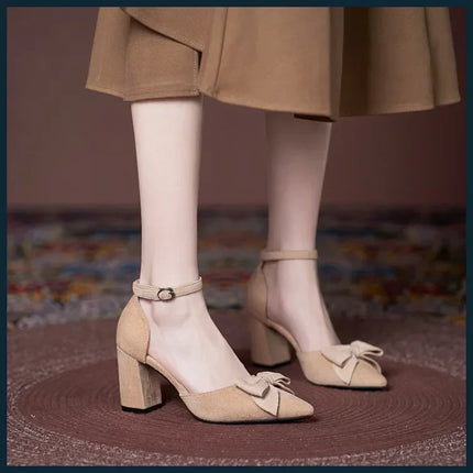 Small Size 30-44 Black Shoes Women Summer High Heel Sandals Chunky Heel Hollow Bow Women's Sandals Shoes