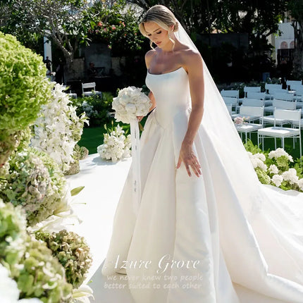 AG Customized Wedding Dress Elegant Satin Wedding Dress Strapless A Line Front Split Bridal Gowns Sweap Train Cape Bride Dresses